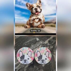 French Bulldog Floral Car Coasters - Pair With Frenchie Mirror Ornament